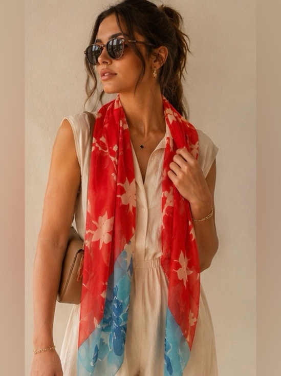 Vintage Accessories - The Met Museum Exclusive 100% Silk Floral Scarf Red Blue Made in Japan Rare